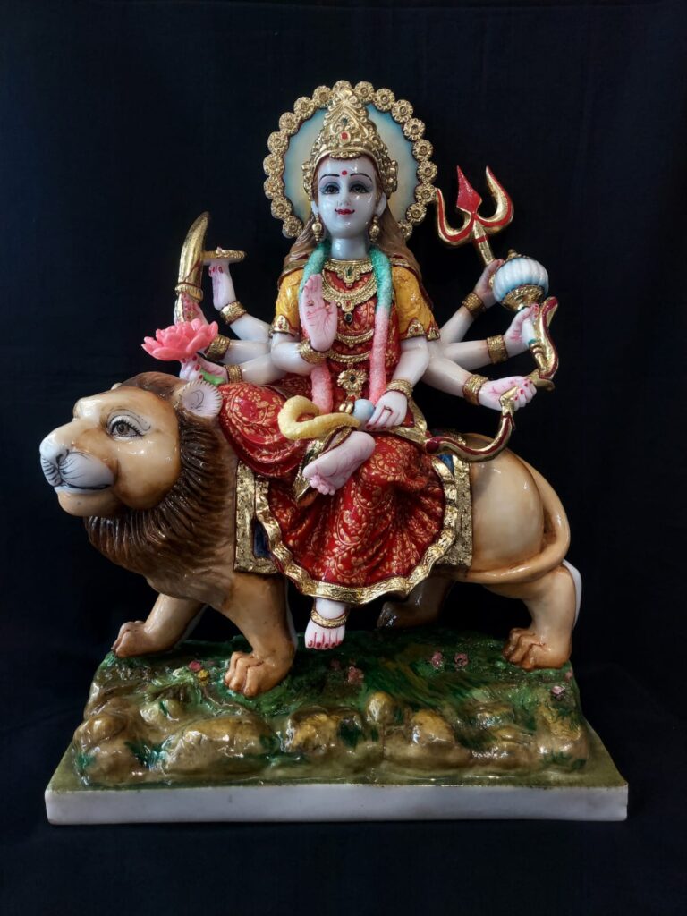 Handcrafted Marble Dust Durga Mata Statue Sitting on Lion with Multiple Arms Holding Divine Weapons – Sumitra Art Collection